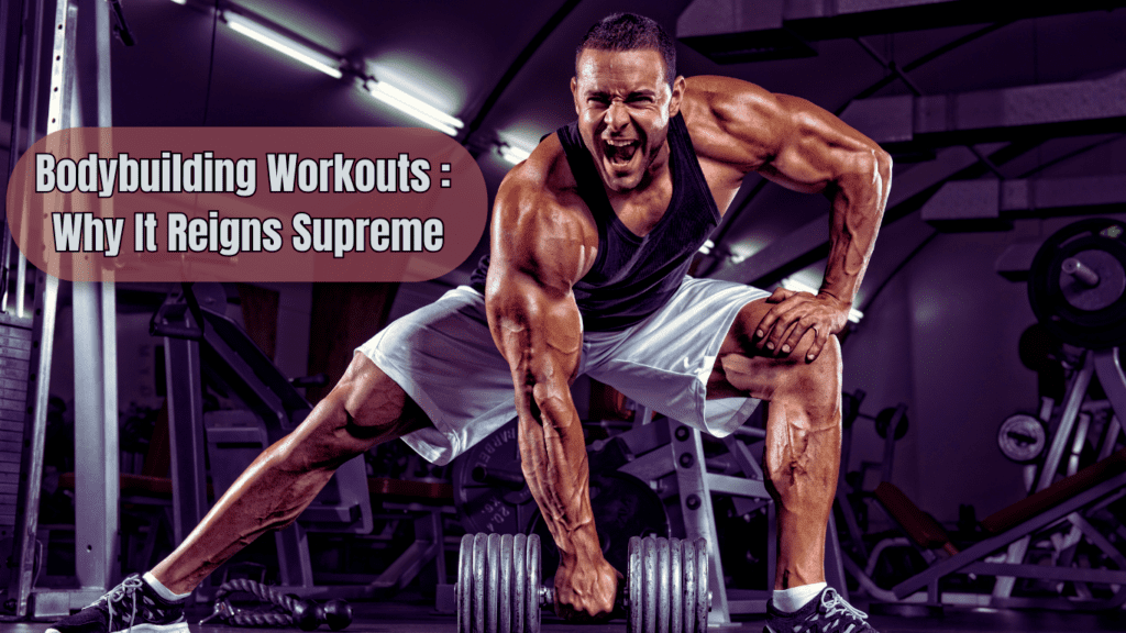 A Bodybuilding working out at the gym with a dumbbell and a sign :Bodybuilding Workouts : Why It Reigns Supreme