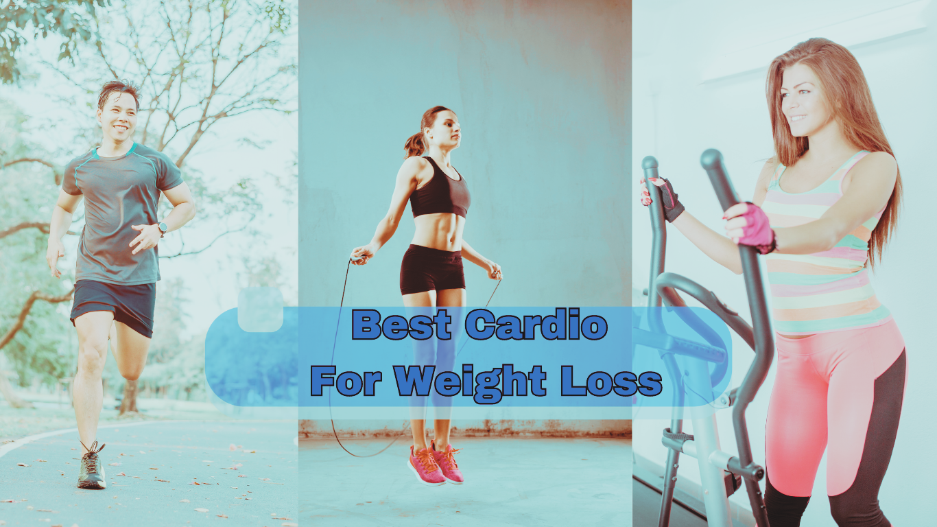 Photo of 3 different cardio exercises and a sign:Best Cardio For Weight Loss