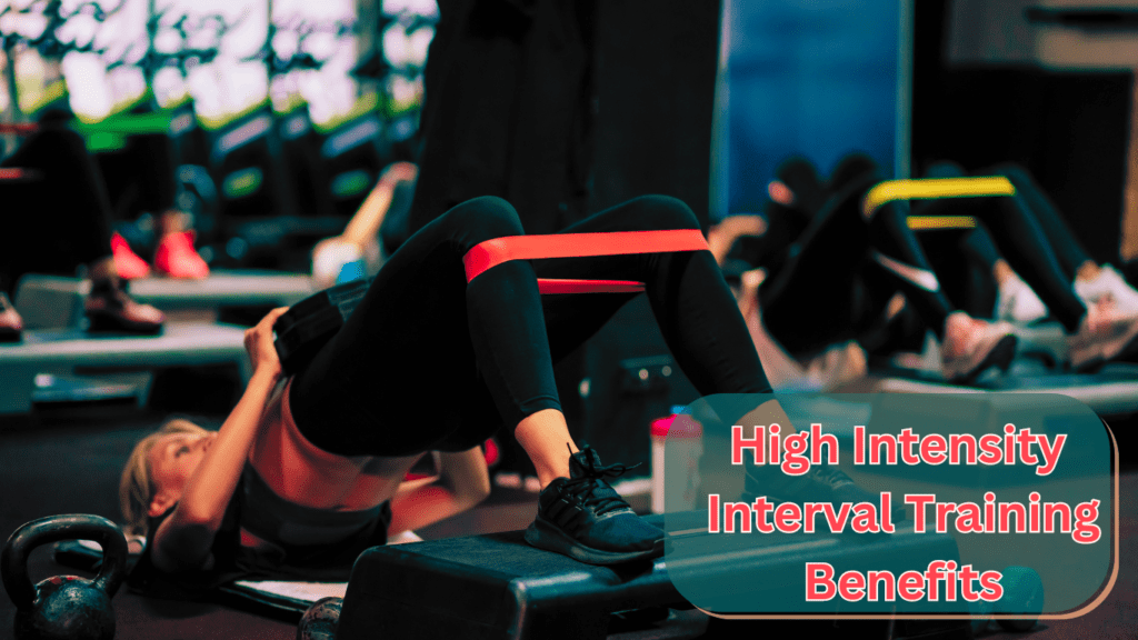 A woman doing HIIT Workout at the gym and a sign:High Intensity Interval Training Benefits