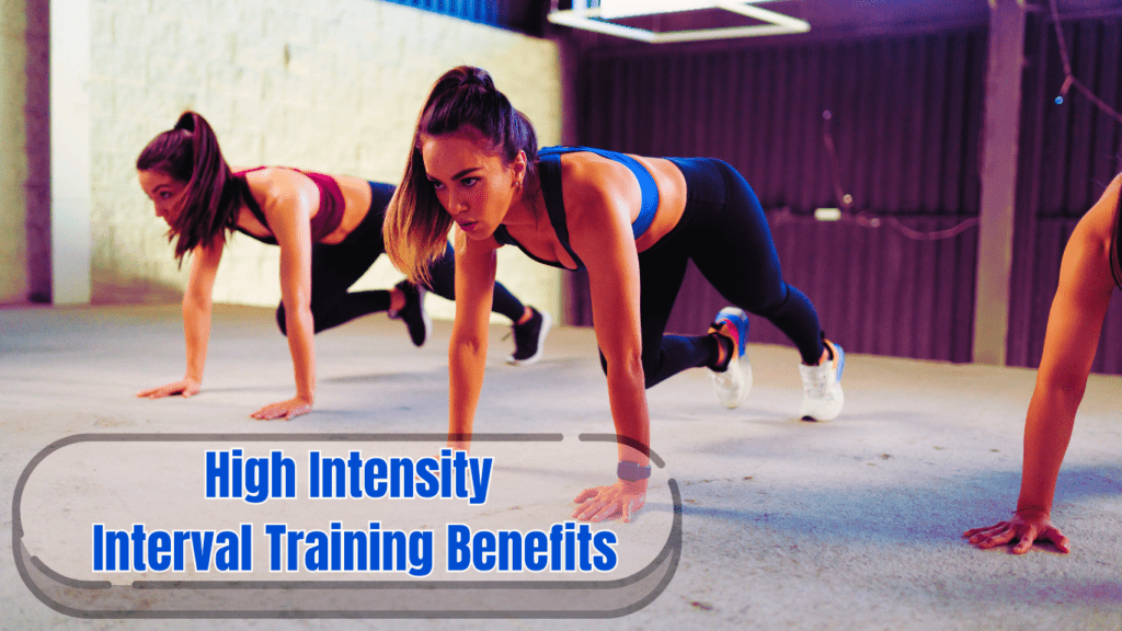 Women Doing HIIT Workout At The Gym And A Sign:High Intensity Interval Training Benefits