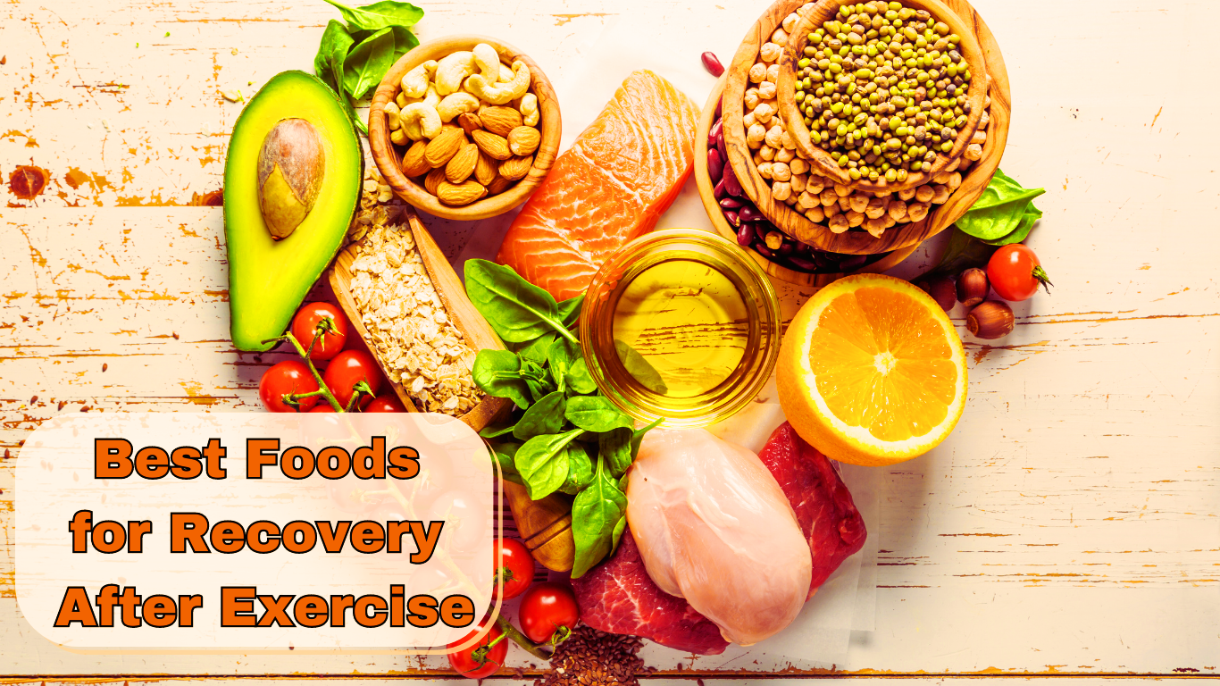 Different healthy food in shape of heart and a sign:Best Foods for Recovery After Exercise