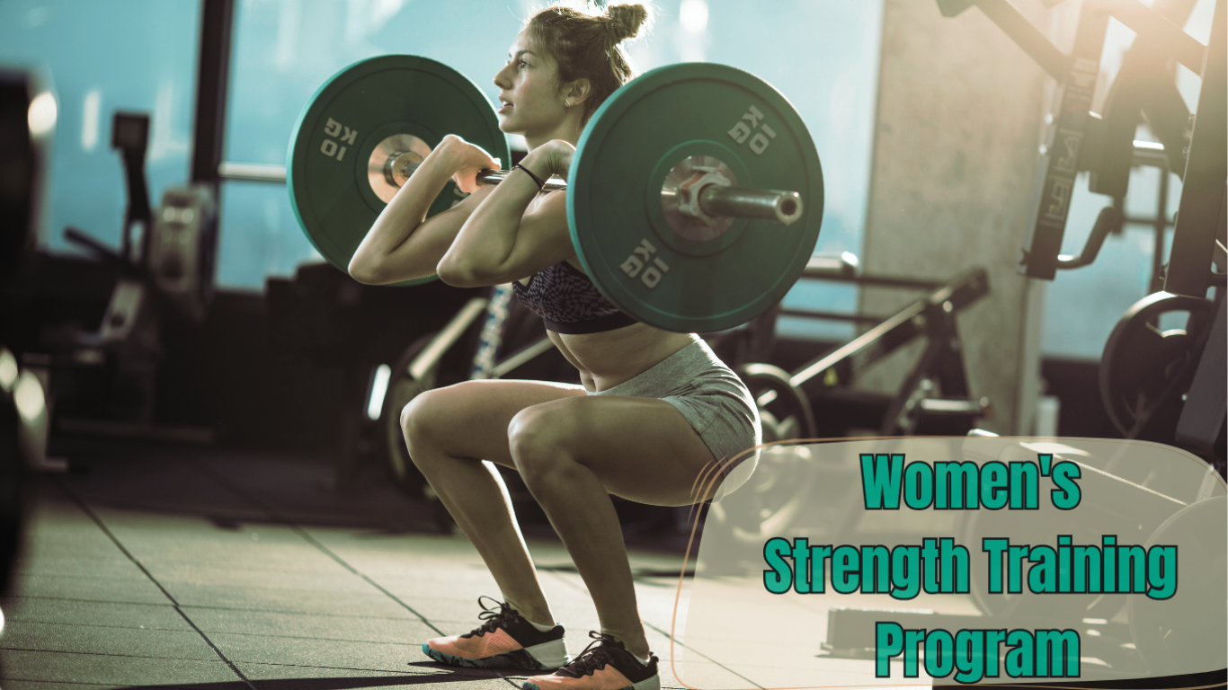 A Woman Lifting A Barbel and A Sign:Women's Strength Training Program