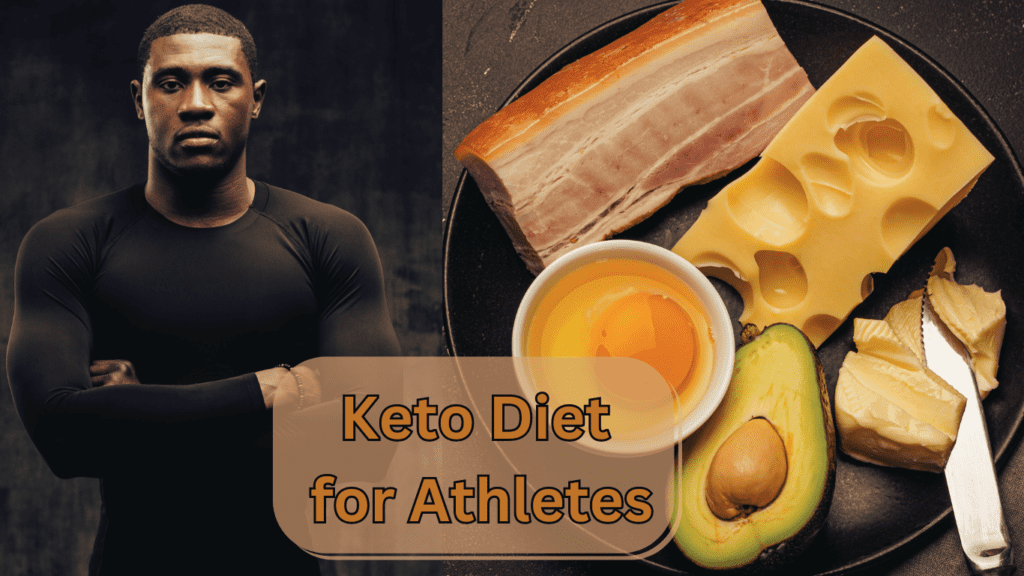 On the left there is an athlete and on the right food good for keo diet and a sign:Keto Diet for Athletes