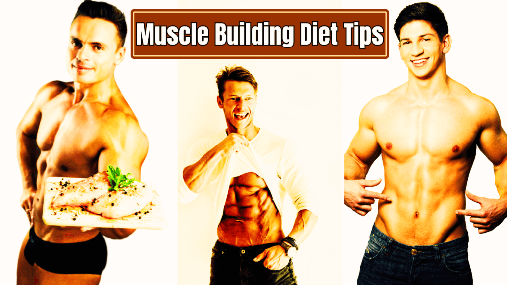 3 Bodybuilders Posing And Showing Muscles And One Of Them Has A Plate Of Food And A Sign:Muscle Building Diet Tips