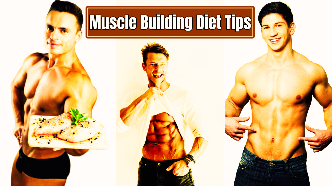 3 Bodybuilders Posing And Showing Muscles And One Of Them Has A Plate Of Food And A Sign:Muscle Building Diet Tips