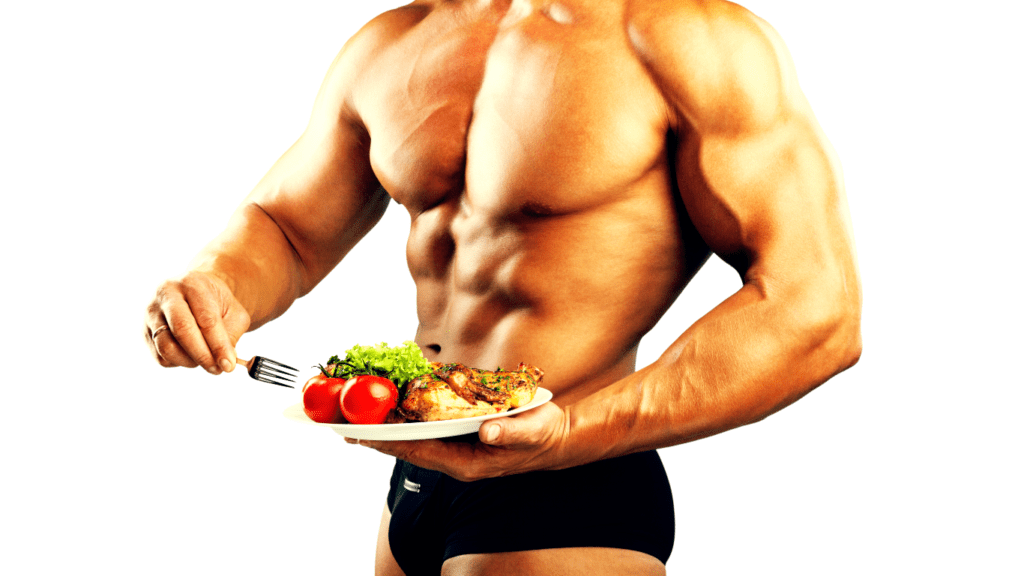 A Photo Showing A Bodybuilders's Body Without The Head Holding A Plate Of Food