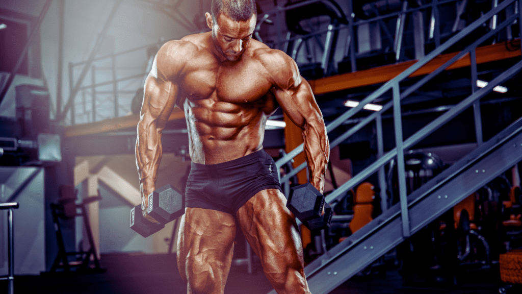 A Bodybuilder Posing WHile Holding A Dumbbell 