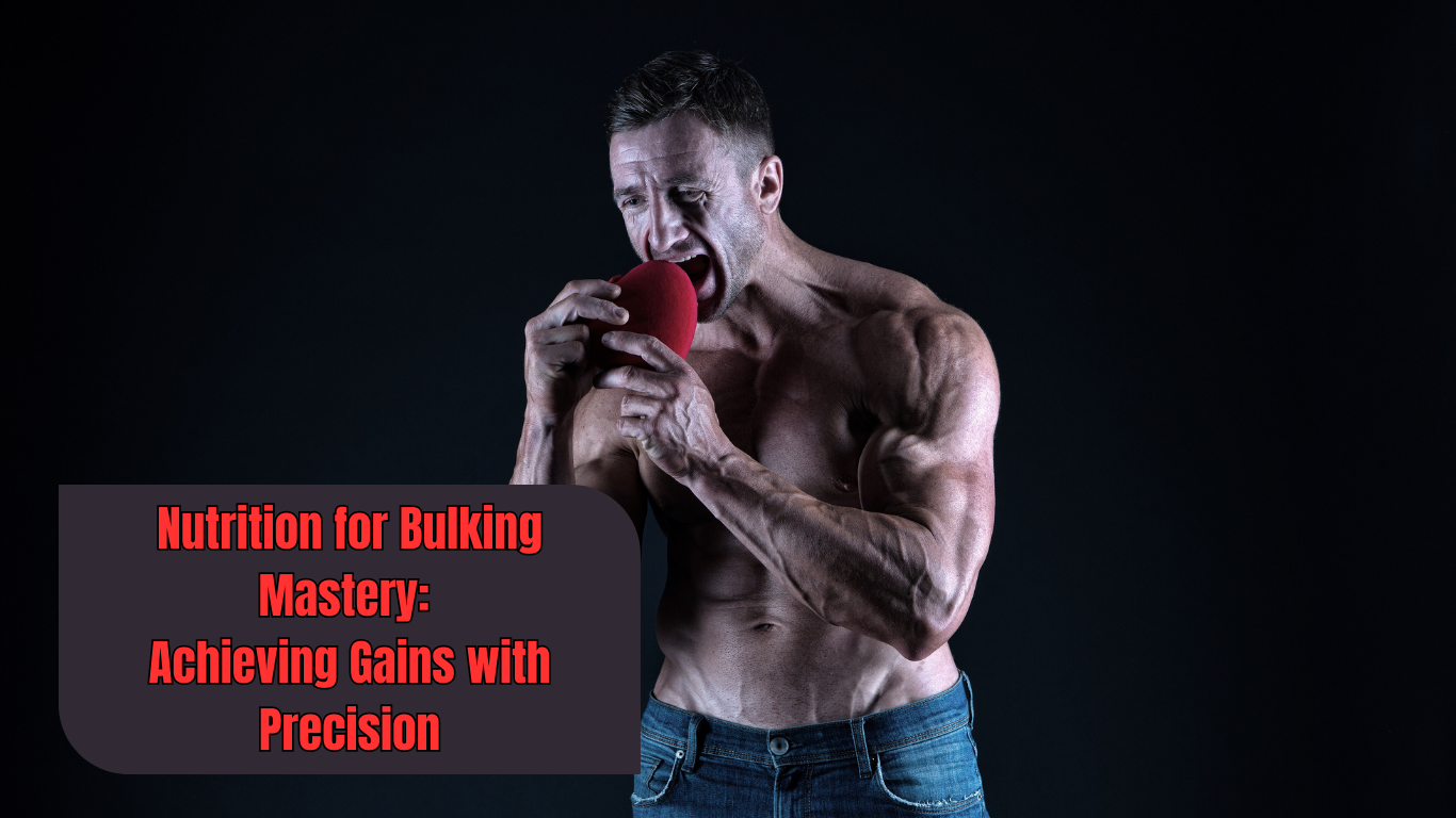 a bodybuilder attempting to bite an object and a sign:Nutrition for Bulking Mastery: Achieving Gains with Precision