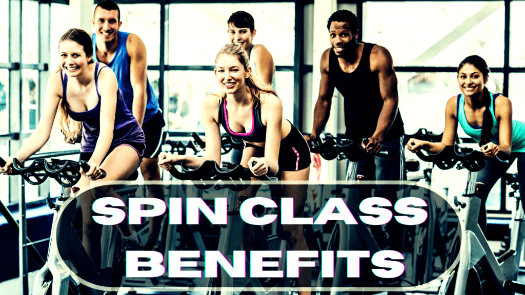 Happy People In A Spin Class And A Sign: Spin Class Benefits