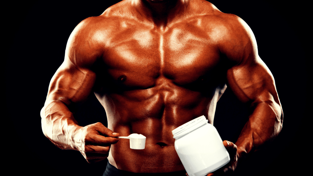 A Bodybuilder scooping from a supplement 