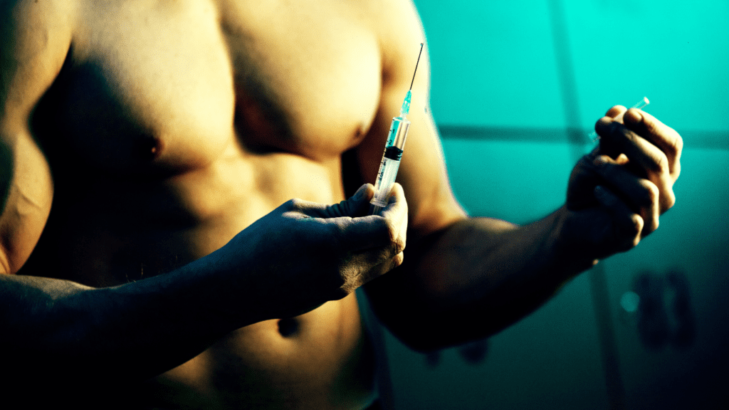 A Bodybuilder holding a steroid injection.