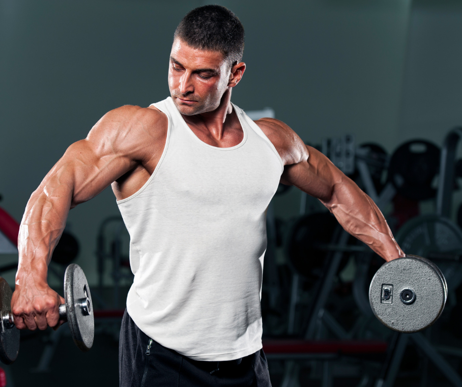 a man with 2 dumbbells working out for shoulders 