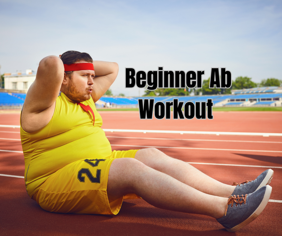 an overweight man doing set ups and a sign beginner ab workout