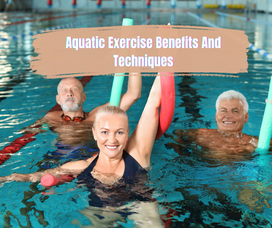 3 people in a pool and a sign Aquatic Exercise Benefits And Techniques