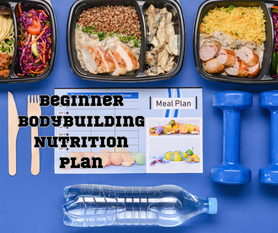 a photo with food , note book and sign:Beginner Bodybuilding Nutrition Plan