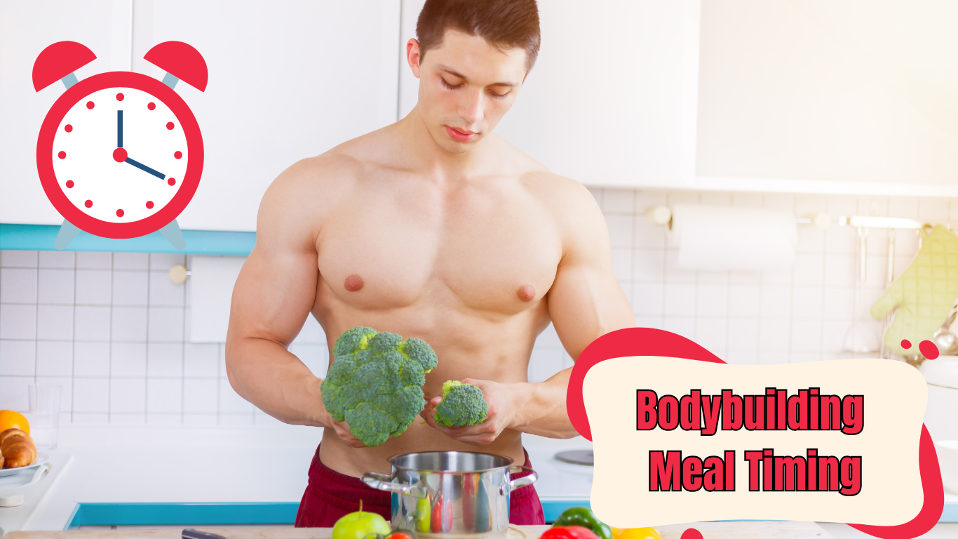 a bodybuilder meal prep at the right time and a sign:Bodybuilding Meal Timing