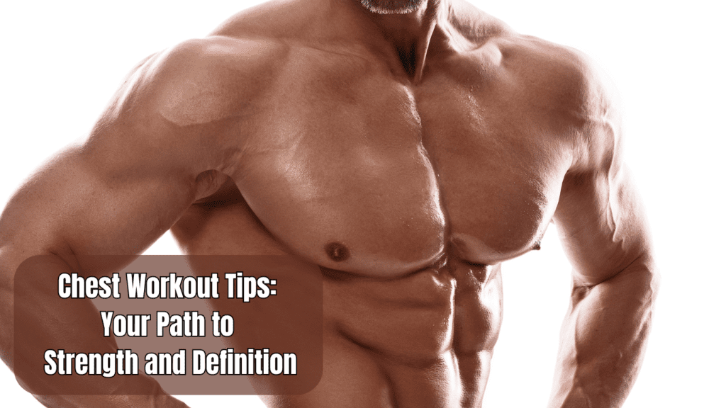 a bodybuilder with a massive chests and a sign:Chest Workout Tips: Your Path to Strength and Definition