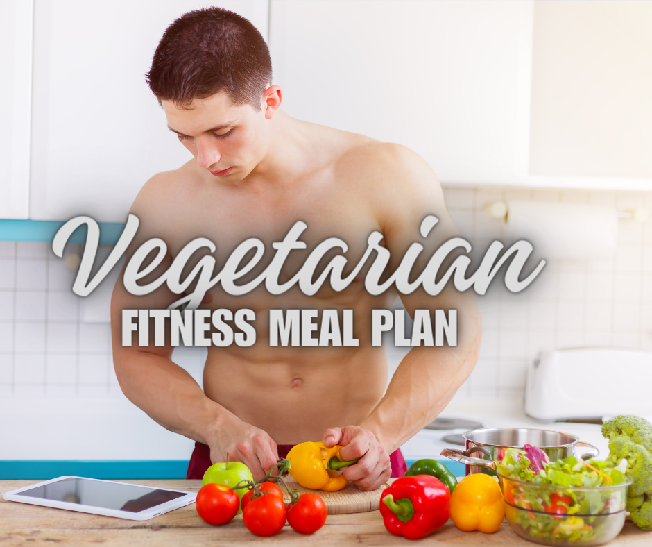 a muscular guy preparing food and a sign vegetarian fitness meal plan