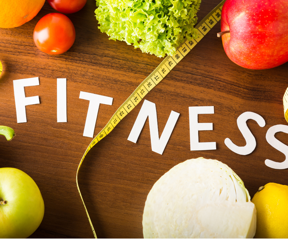 vegetables and , the word fitness and a measure tape