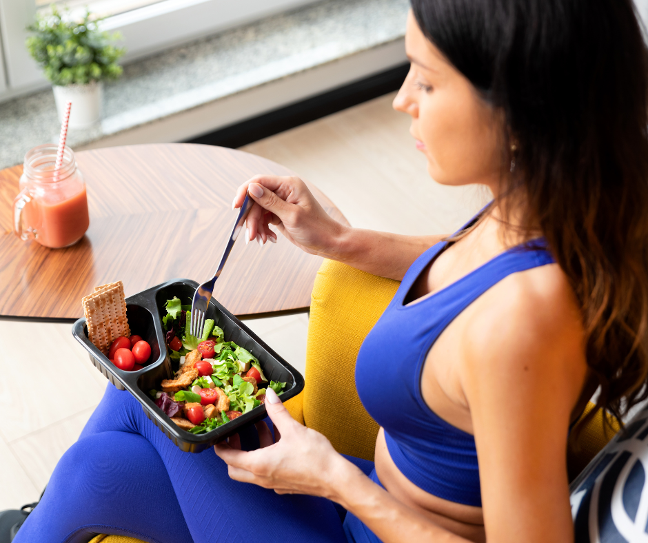 a woman in shape eating healthy