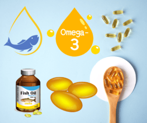 a photo about fish oil including spoon with pills, bottle of pills, fish , pills and omega 3 picture