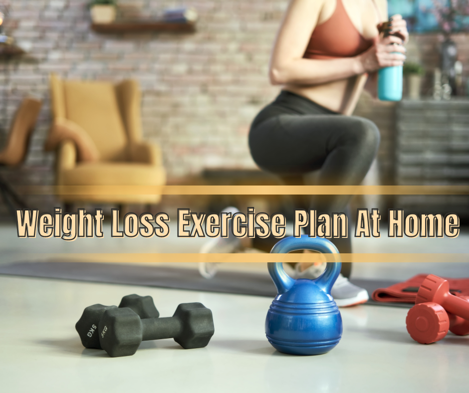 a woman exercising at home and a sign: Weight loss exercise plan at home