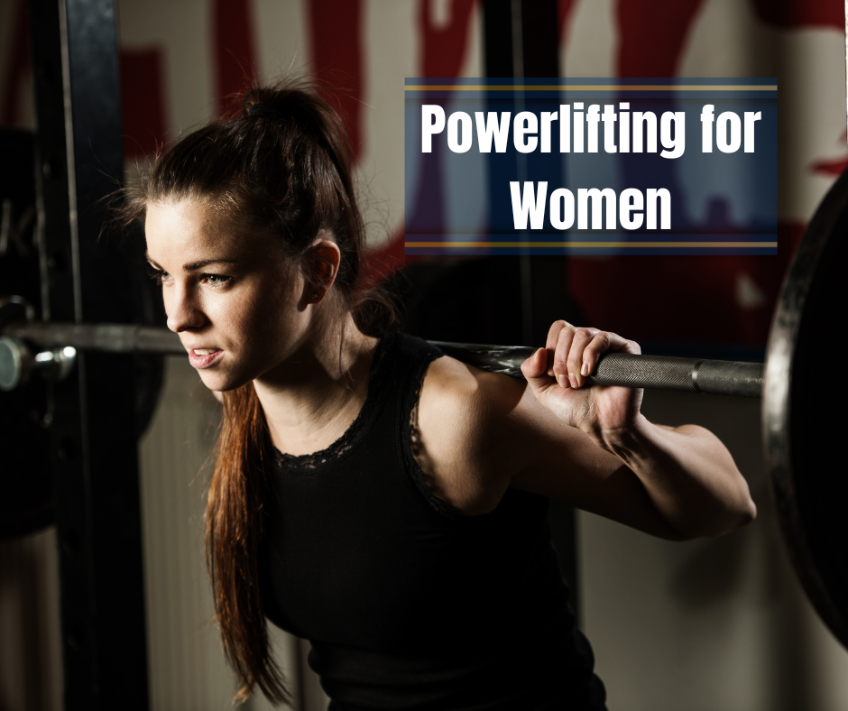 a woman powerlifter doing squads and a sign saying: Powerlifting for women