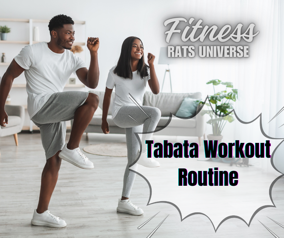 a man and a woman working out and a sign saying: Tabata Workout Routine