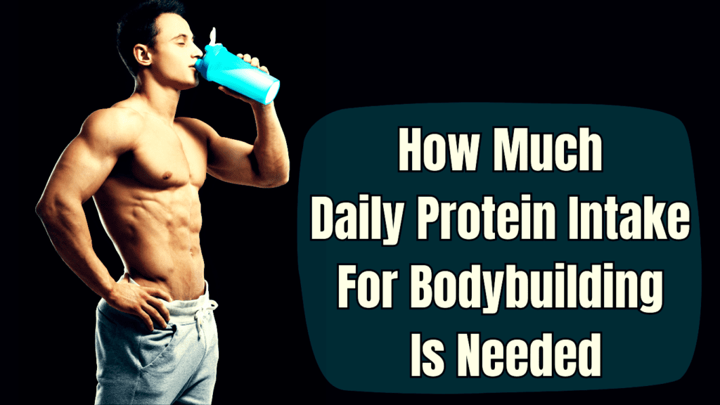 A Bodybuilder drinking protein photo and a sign:How Much Daily Protein Intake For Bodybuilding Is Needed