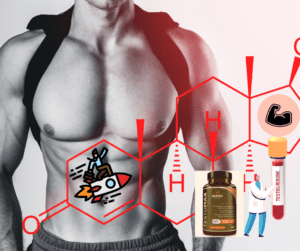 A bodybuilder and cartoon pictures showing the benefits of TestoMax