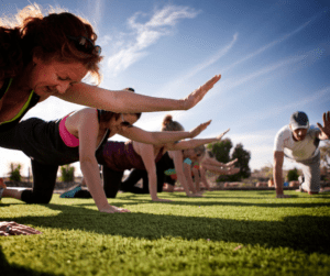 beginners women training in a boot camp with male instructor