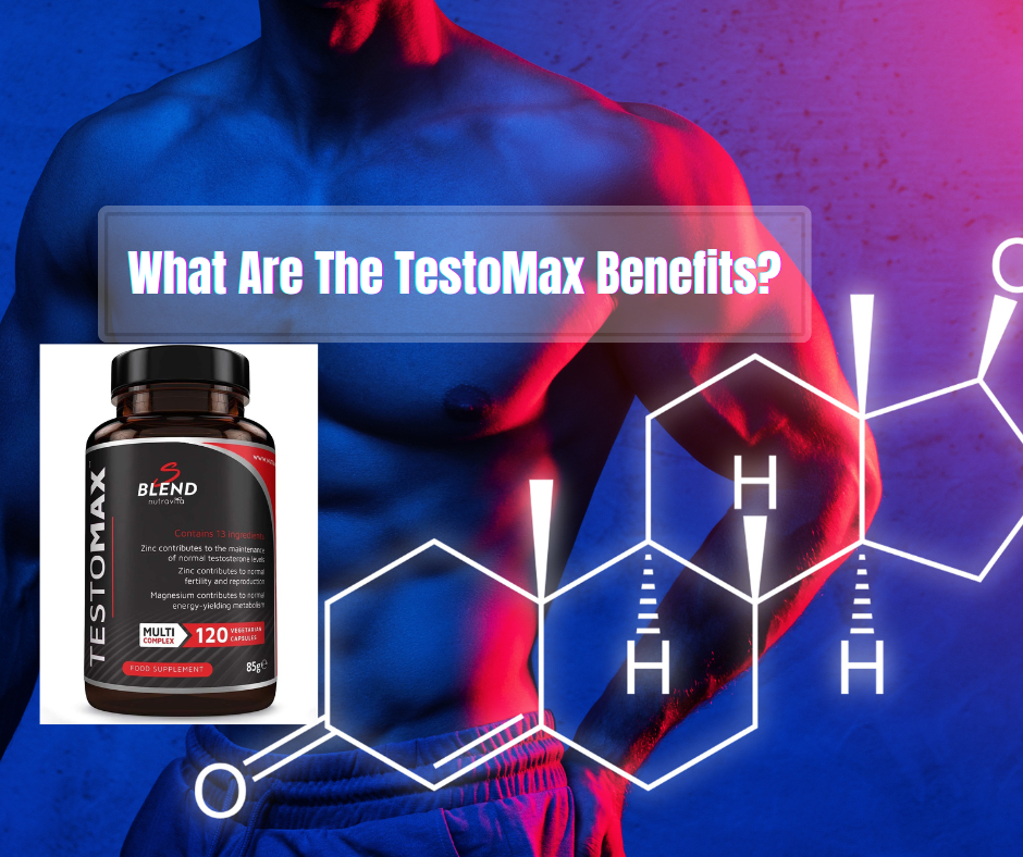 a formula of testosterone, a bodybuilder, a bottle of TestoMax and a question: What are the benefits of TestoMax?