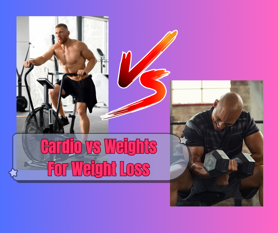 two pictures of two men -one doing cardio and one doing weight lifting and a sign: cardio vs weights for weight loss