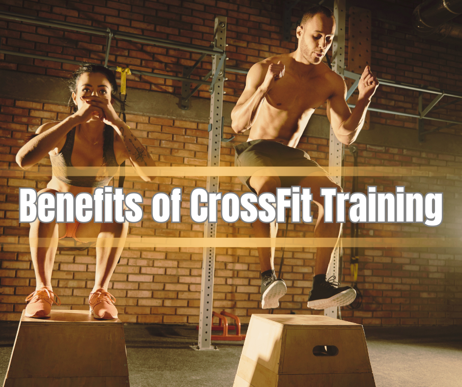 Man and a Woman doing CrossFit training and a sign: benefits of CrossFit Training