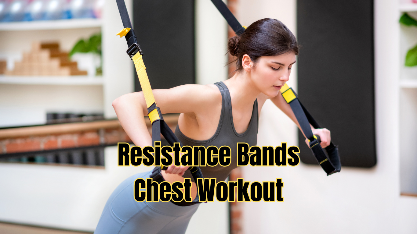 a woman in blue doing chest exercise with resistance bands and a sign: resistance bands chest workout