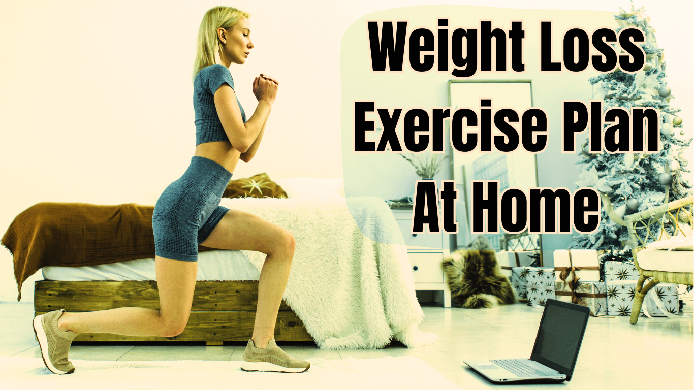 A Woman Exercising At Home And A Sign:Weight Loss Exercise Plan At Home