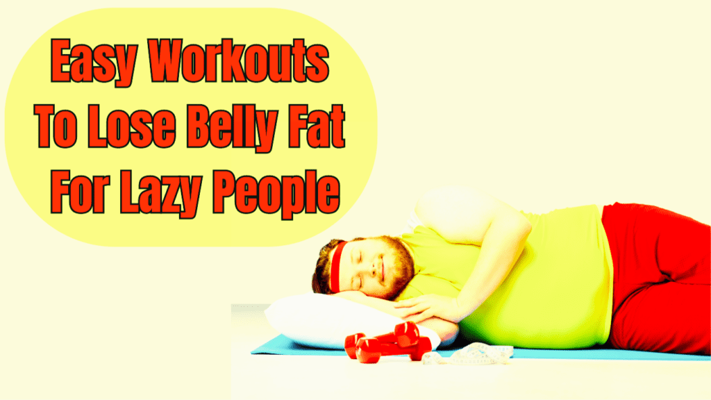 An Overweight Man Sleeping with small dumbbells aside and a sign:Easy Workouts To Lose Belly Fat For Lazy People