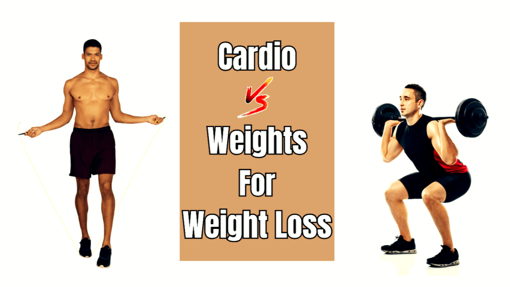 two pictures of two women -one doing cardio and one doing weight lifting and a sign: cardio vs weights for weight loss