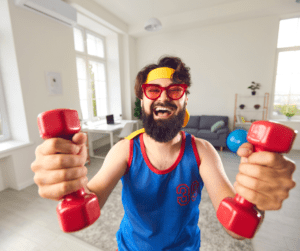 a regular guy beginner with fitness holding two dumbbells 