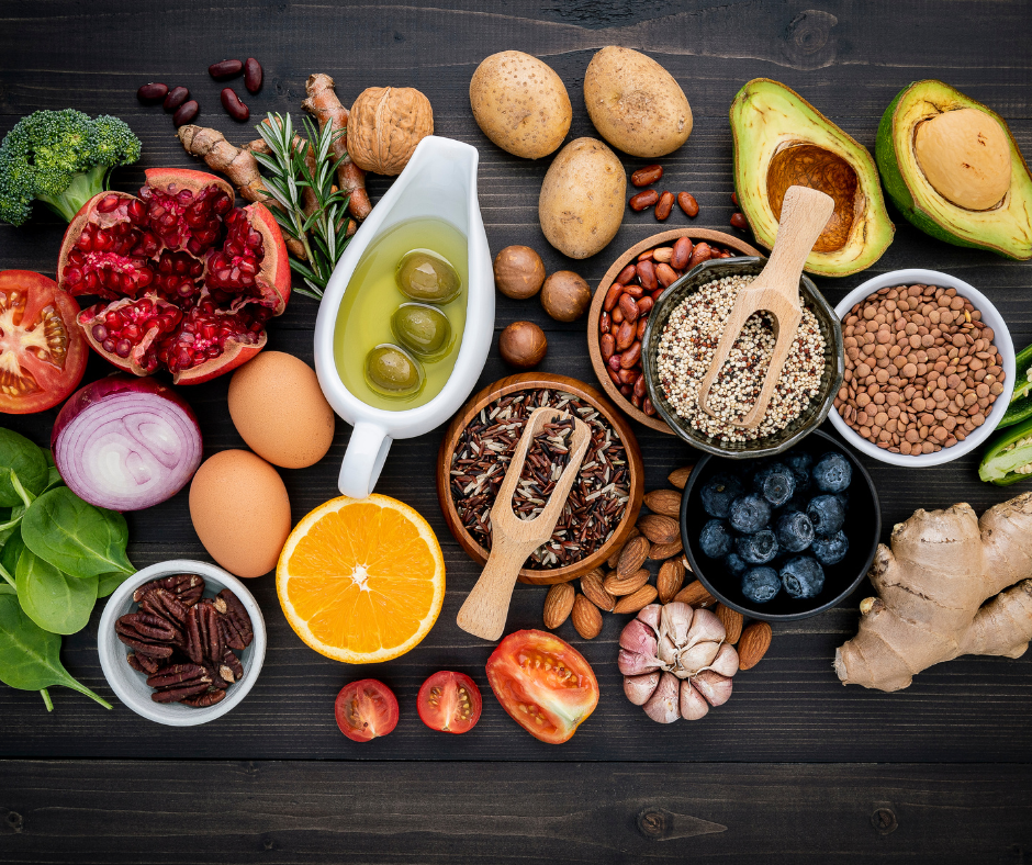 bunch of healthy food options next to each other