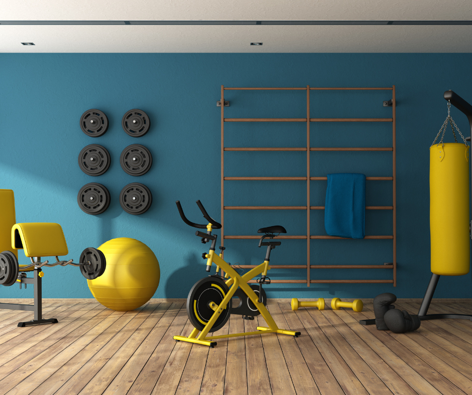 stylish home gym in yellow in a blue room