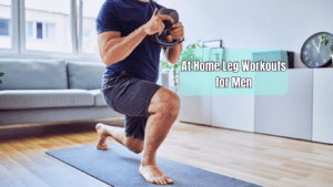 a man exercising for legs at home and a sign :At Home Leg Workouts for Men