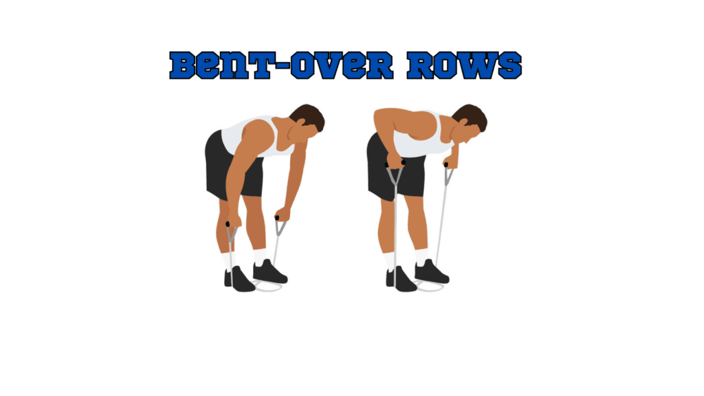 A picture showing how to perform Bent-Over Rows with resistance bands 