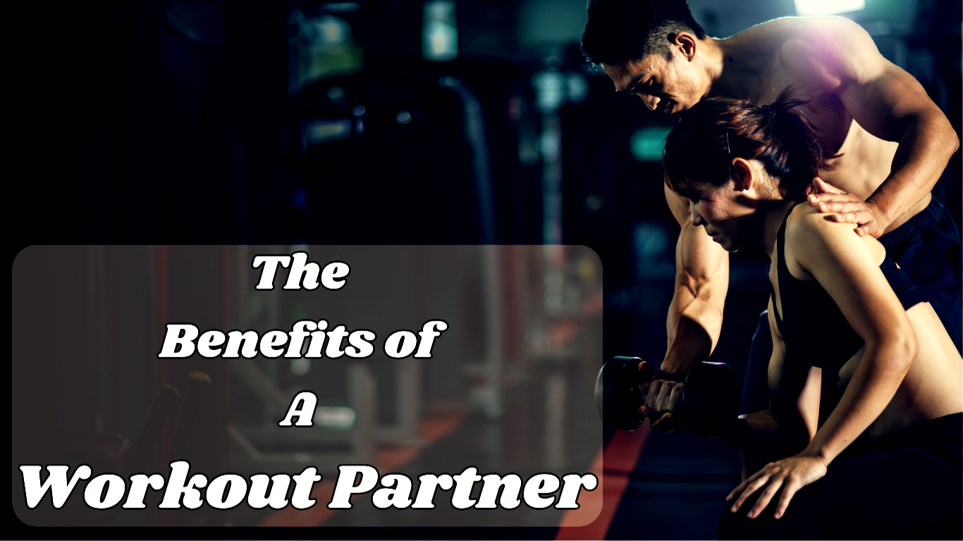 A Woman Doing Bicep Curls At The Gym And A Man Helping Her And A Sign:The Benefits of a Workout Partner Photo