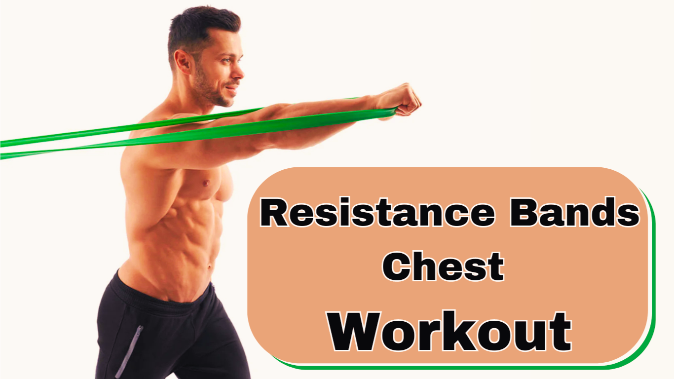 A Man Doing Exercise For Chest With Resistance Band And A Sign:Resistance Bands Chest Workout