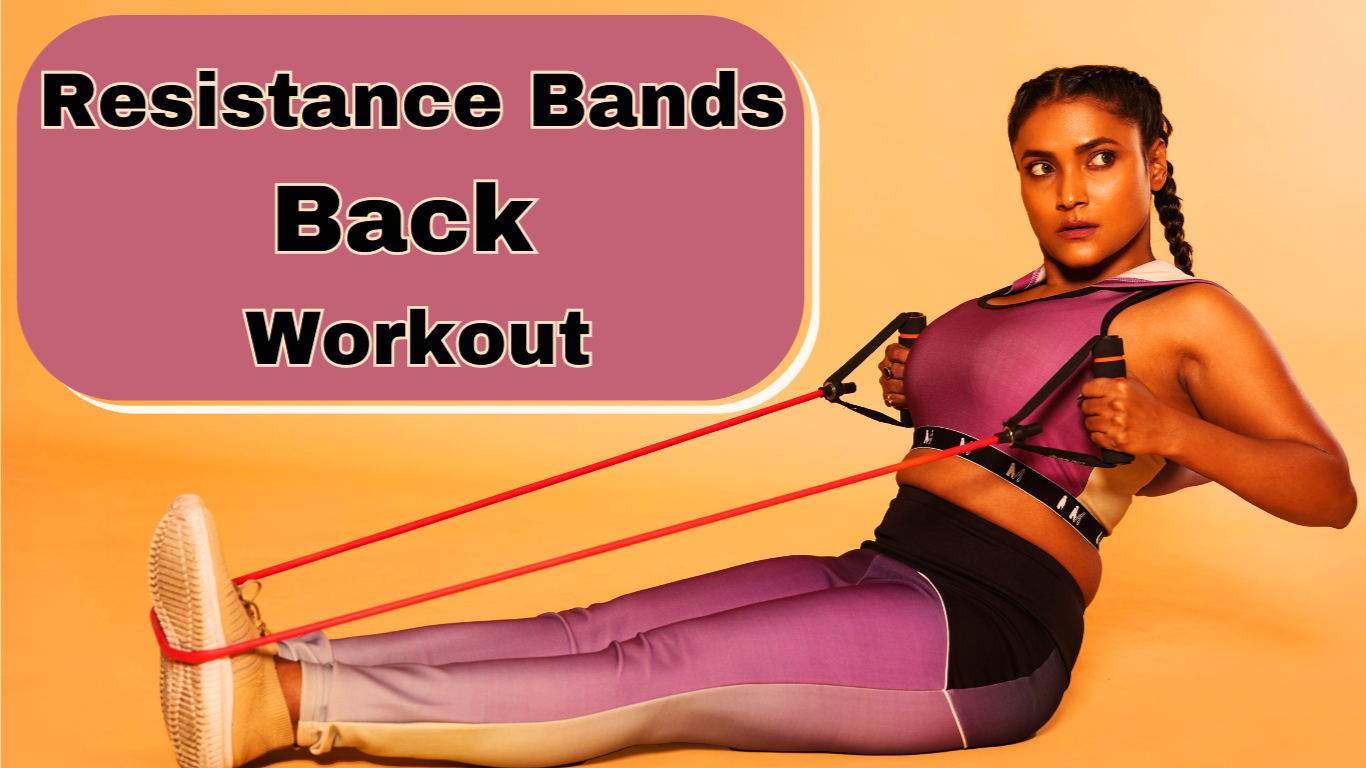 I Woman Doing Exercise For Back With Resistance Bands And A Sign:Resistance Bands Back Workout