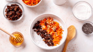 Healthy breakfast with yogurt raisins and honey 