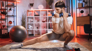 man doing lunges at home with dumbbells