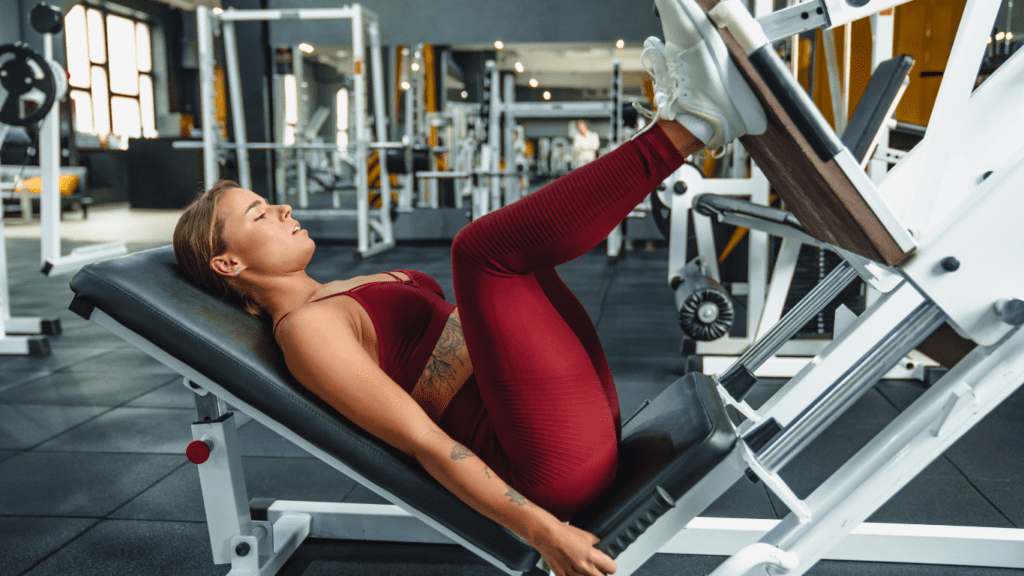 Woman in red working out on a leg press machine 