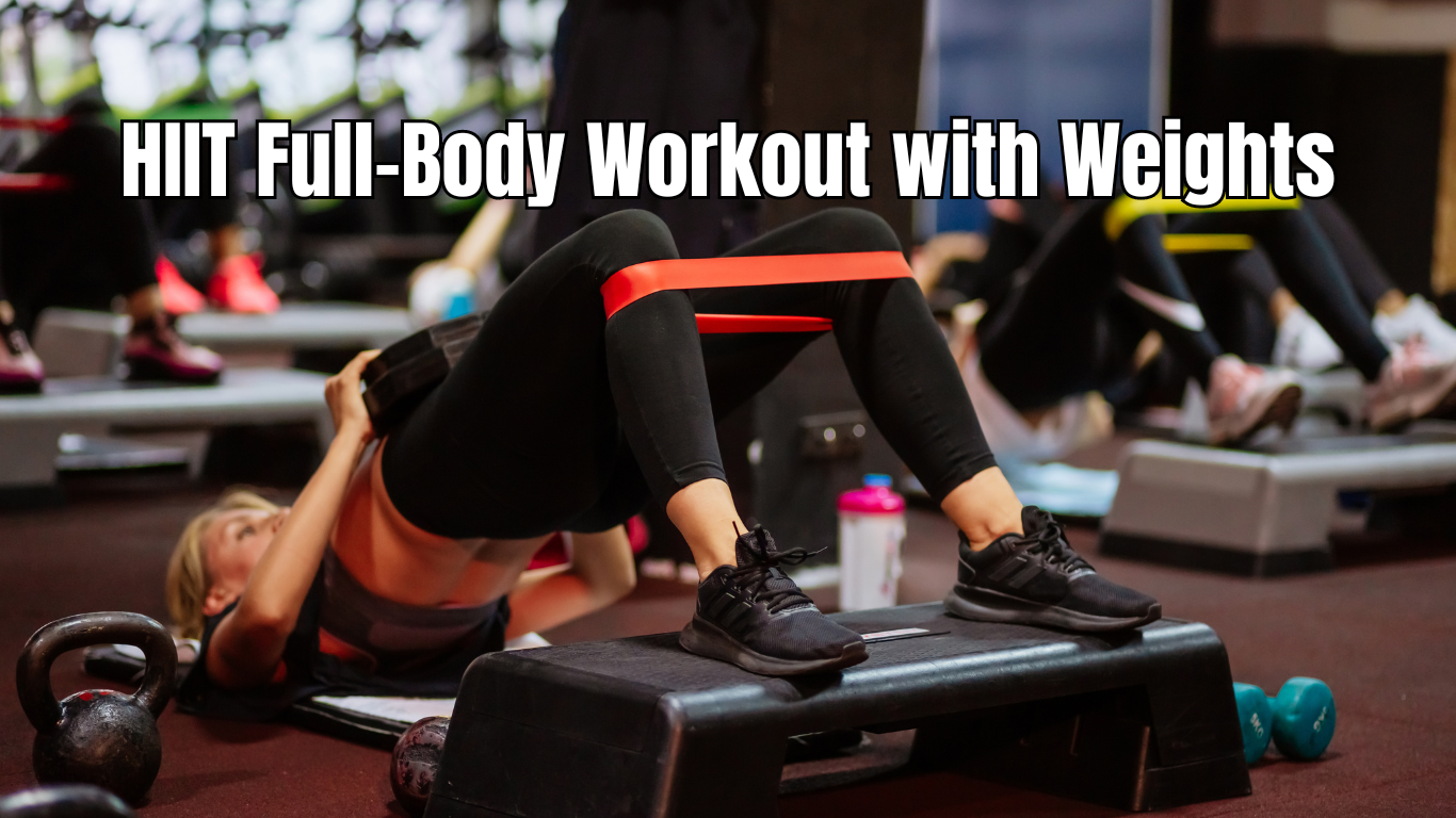 a blond woman working out and a sign: HIIT Full-Body Workout with Weights